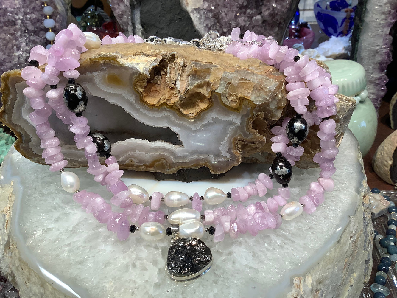 3 Strand Natural Pink Kunzite, Shell, Pearl & Elite Shungite Necklace