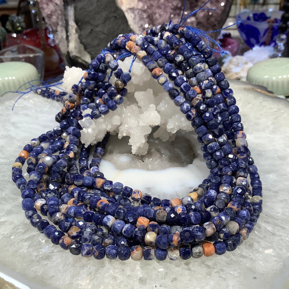 4mm Natural Blue Sodalite with Orange Feldspar Faceted Cube Gemstone Beads