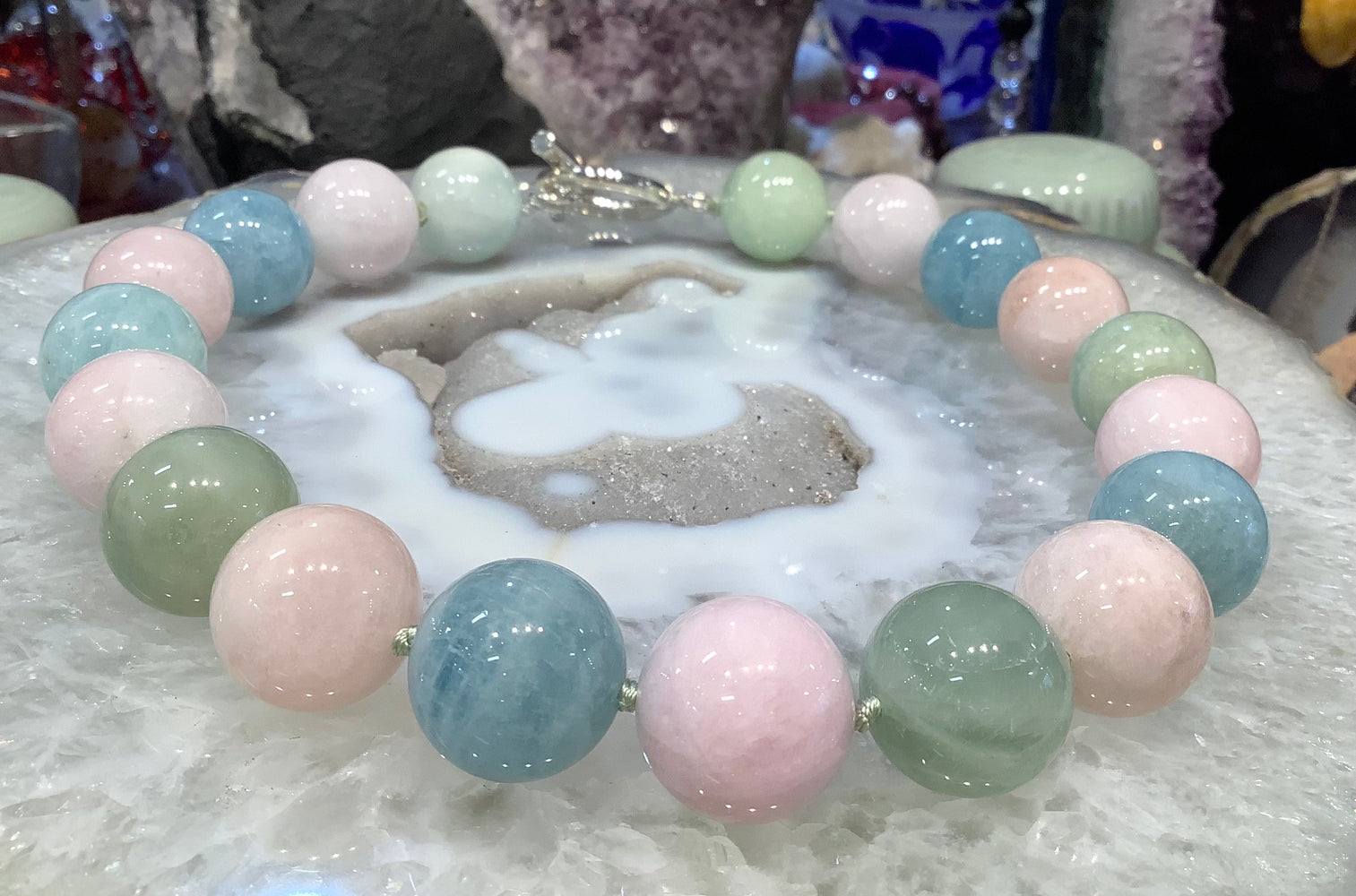 Stunning 20mm mixed morganite & aquamarine gemstone necklace