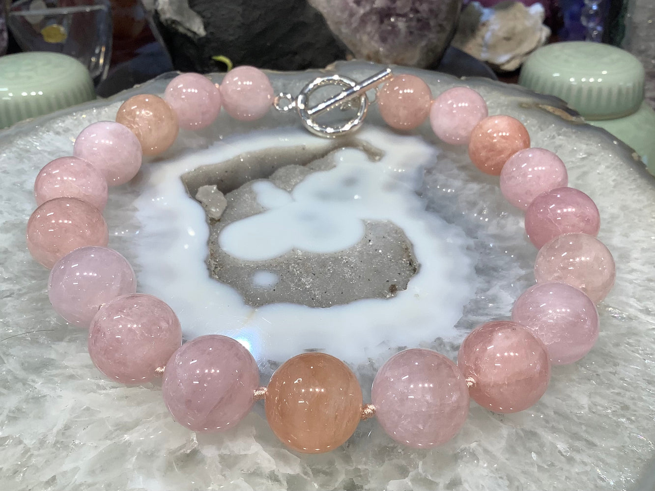 Stunning pink morganite 20mm knotted gemstone necklace