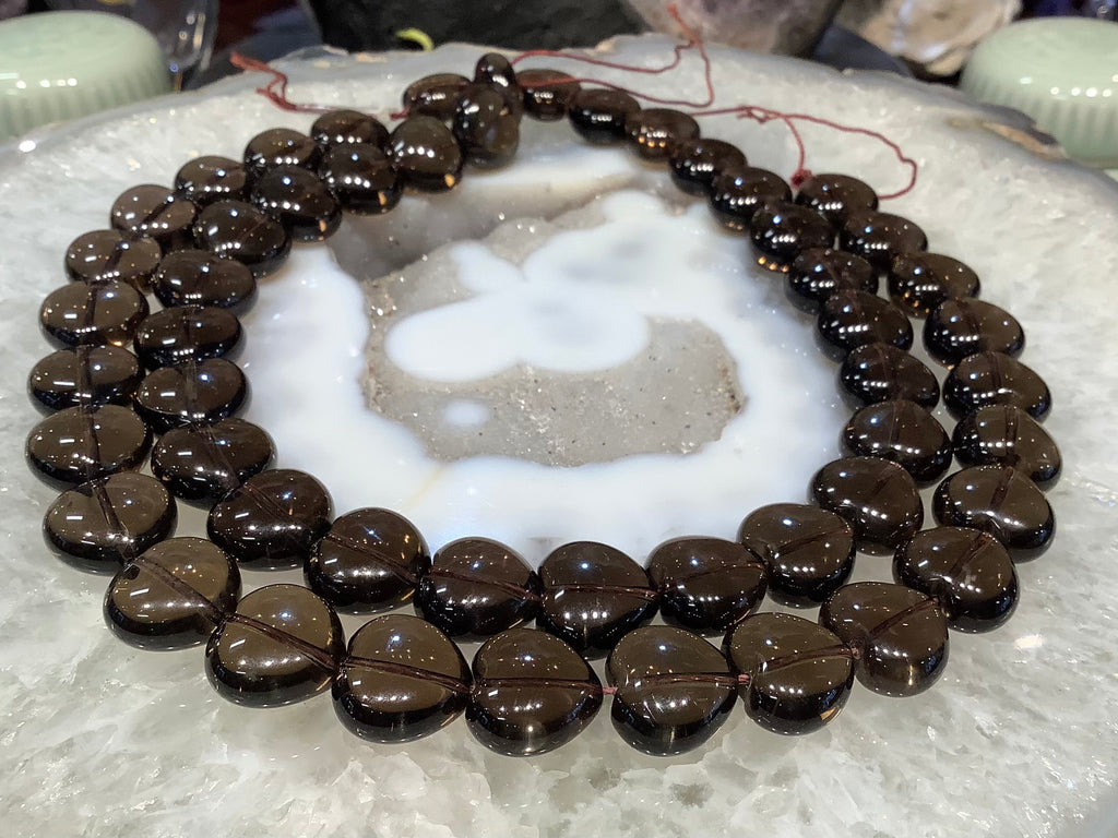 Smoky quartz large 15mm heart gemstone beads strand