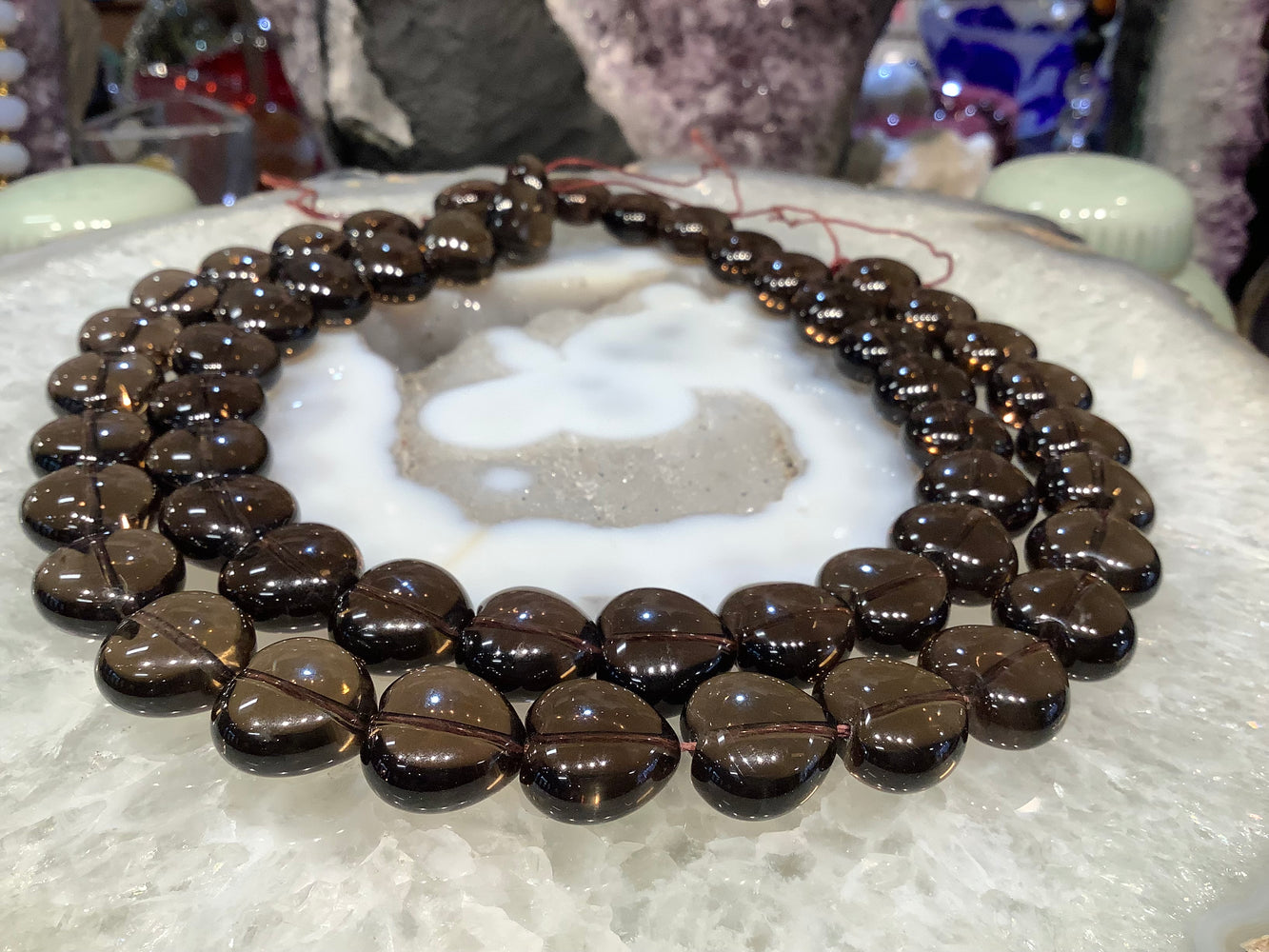 Smoky quartz large 15mm heart gemstone beads strand