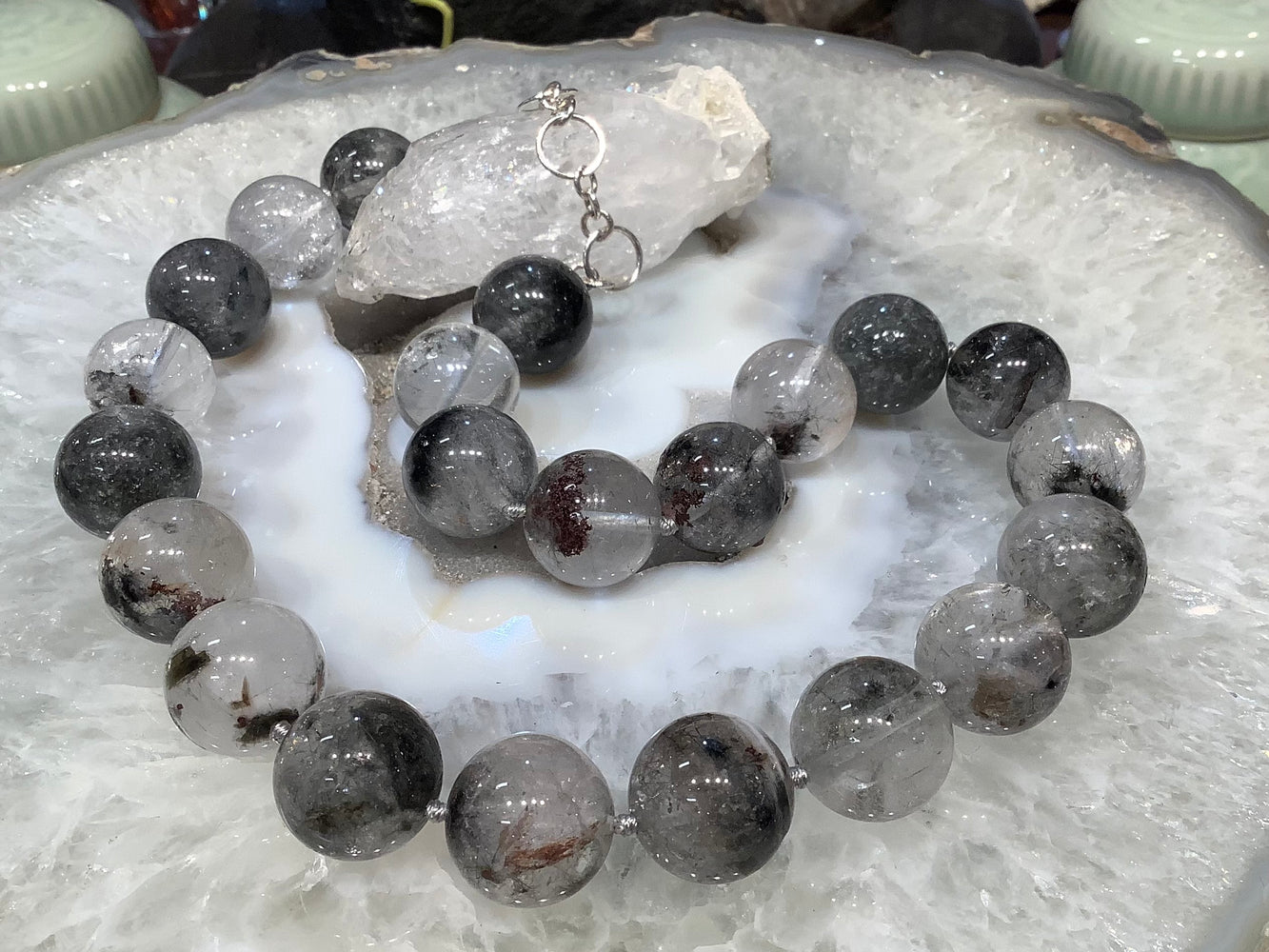 Black tourmaline 17mm garden Quartz gemstone necklace