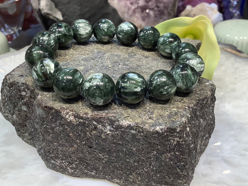 Beautiful Natural 13mm Green Seraphinite Round Gemstone Bracelet