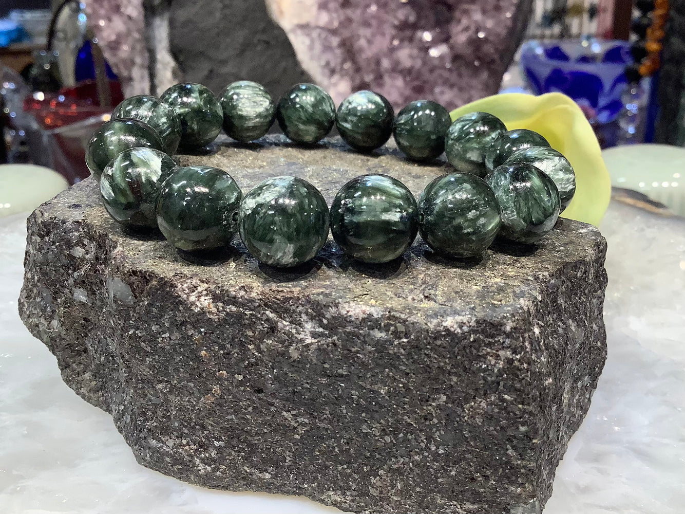 Beautiful Natural 13mm Green Seraphinite Round Gemstone Bracelet