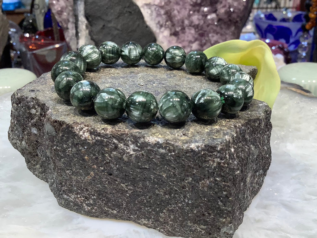 Beautiful Natural 11mm Green Seraphinite Round Gemstone Bracelet
