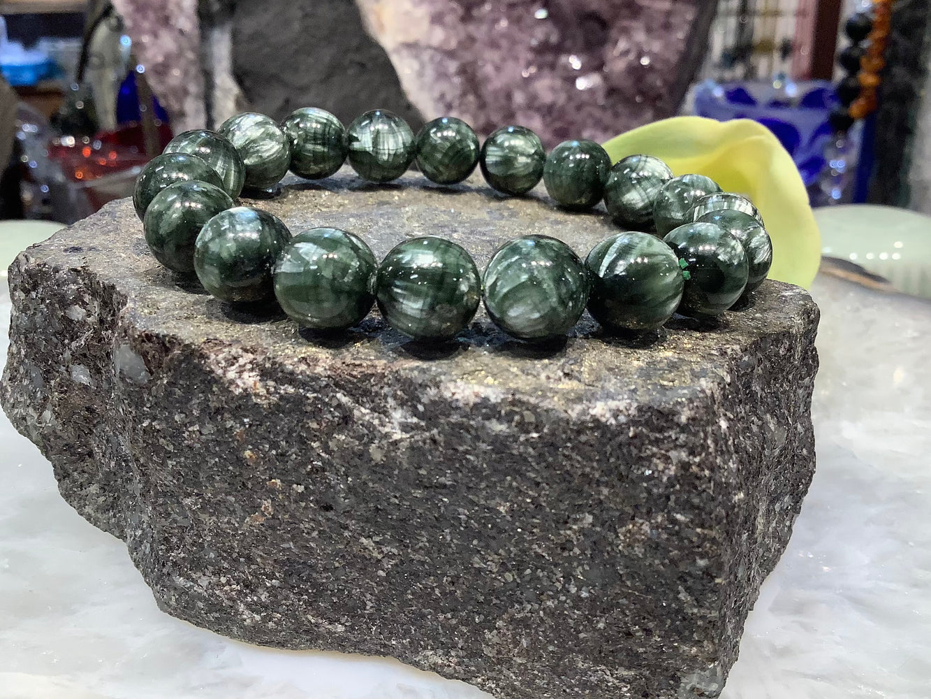 Beautiful Natural 11mm Green Seraphinite Round Gemstone Bracelet