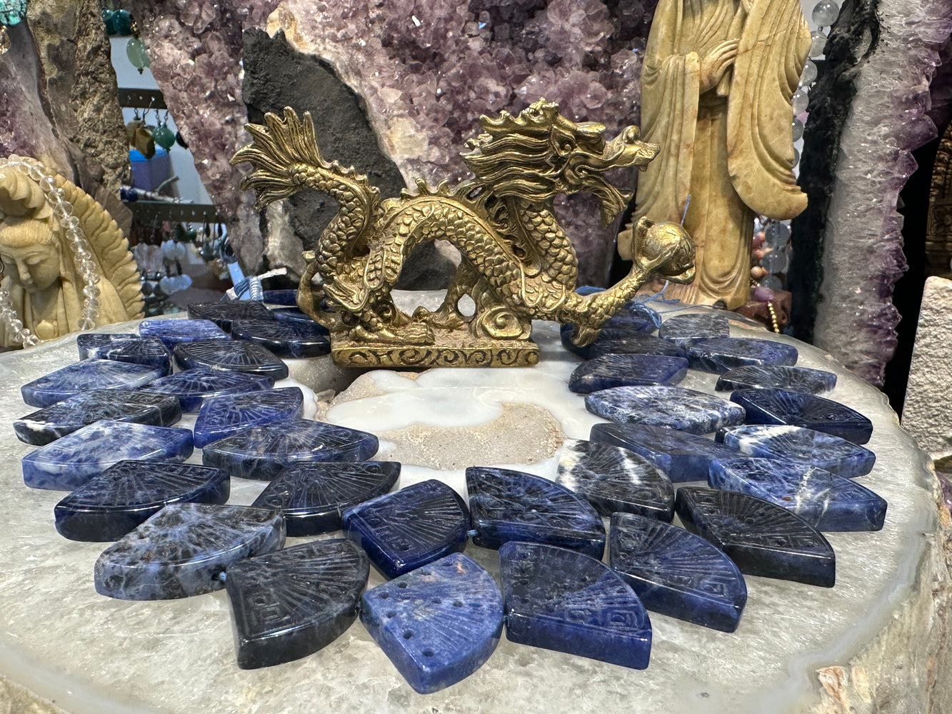 Sodalite carved fan 34x21mm gemstones