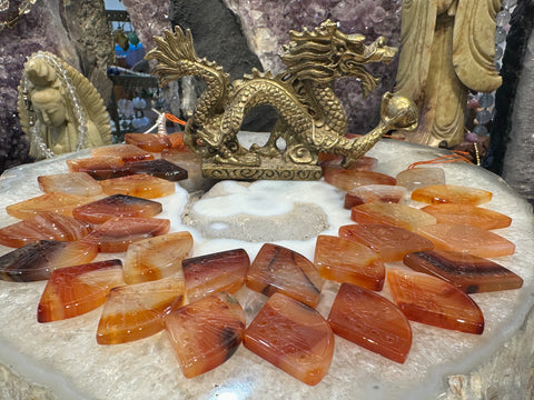 Old Stock Carnelian carved fan 35x24mm gemstone beads