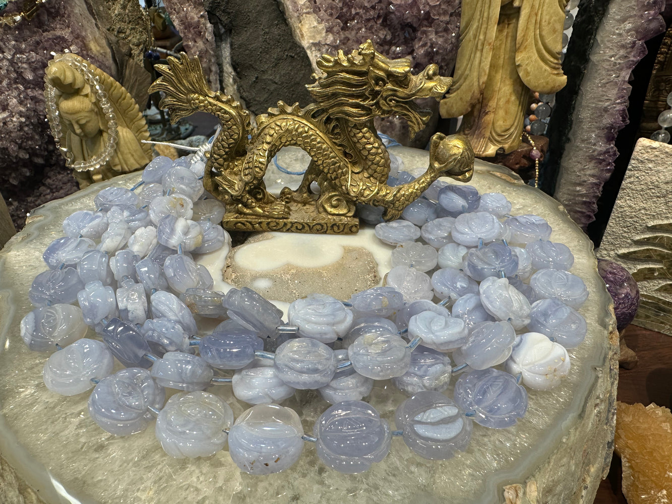 Beautiful blue lace agate 17mm bud carving