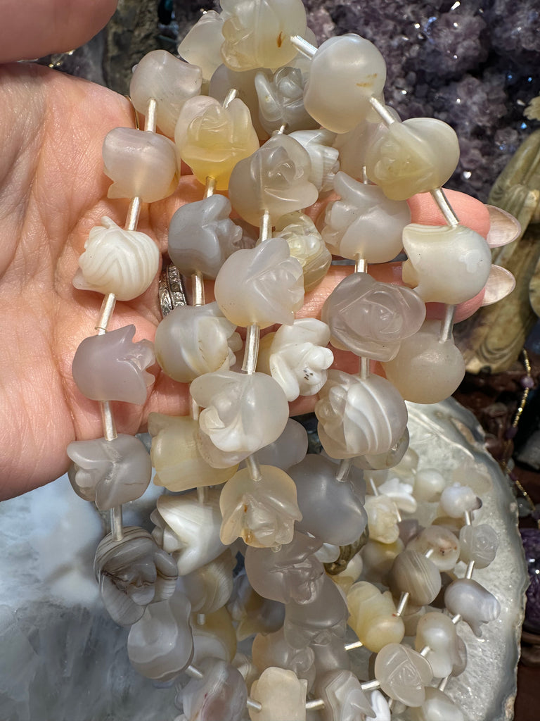 Banded agate matte rosebud flower gemstone beads