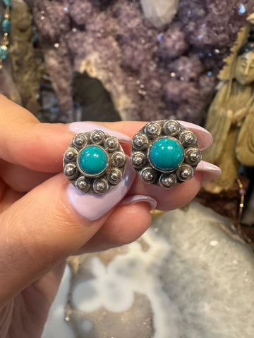 Turquoise sterling silver flower stud earrings