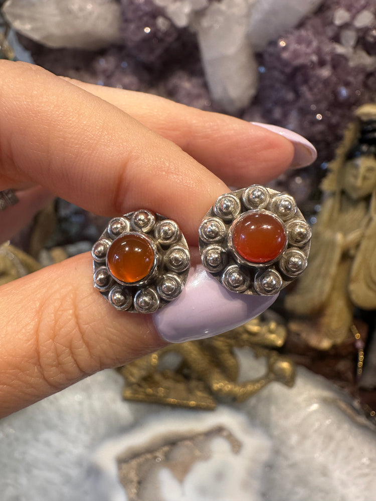 Carnelian sterling silver flower  stud earring