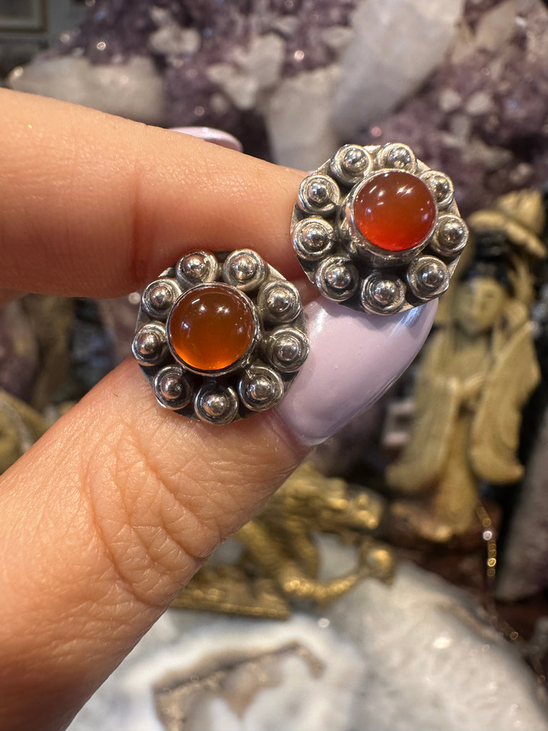 Carnelian sterling silver flower  stud earring