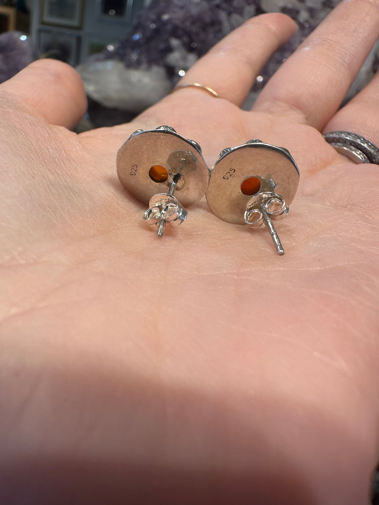 Carnelian sterling silver flower  stud earring