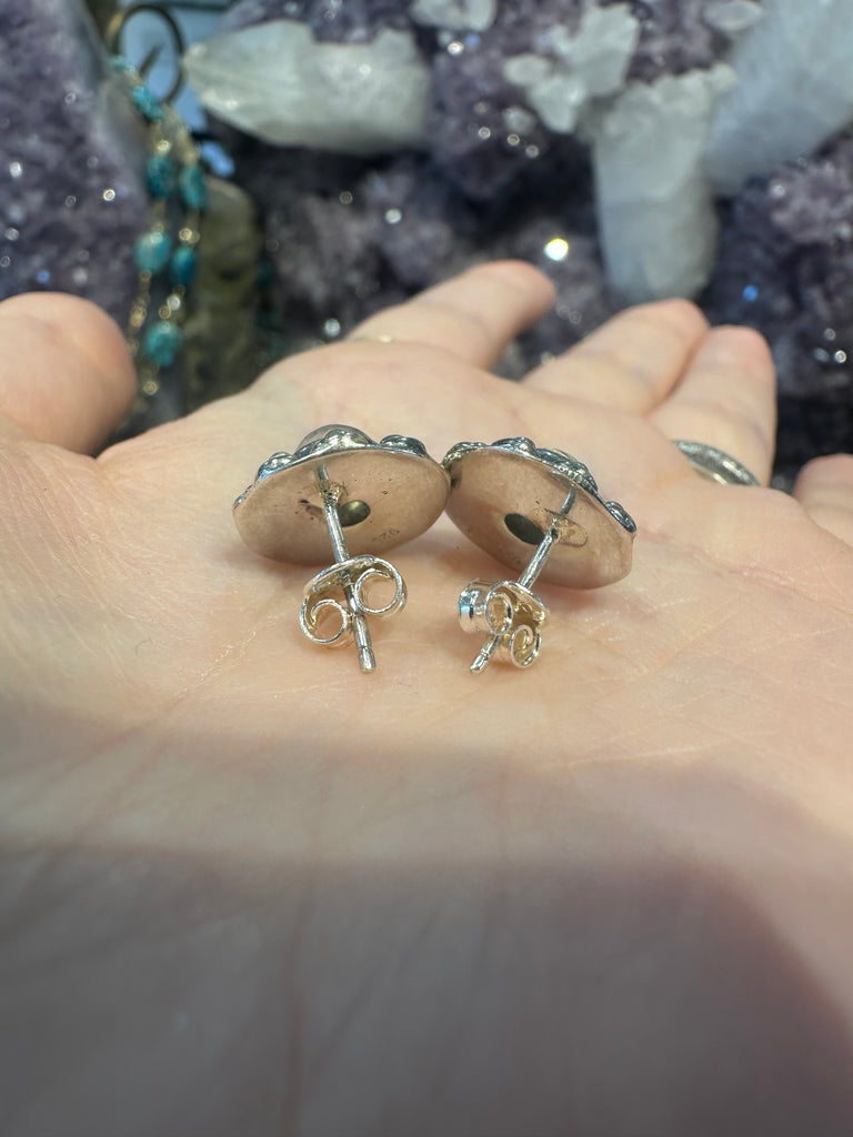 Blue moonstone sterling silver flower stud earrings
