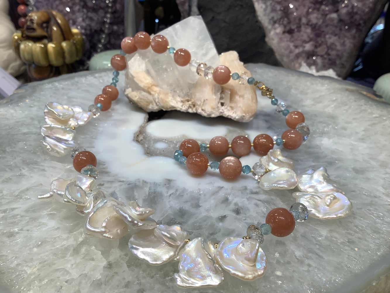 Beautiful Freshwater keshi pearl & peach moonstone necklace