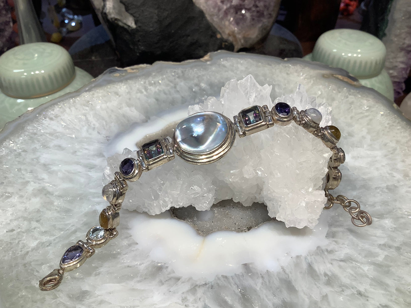 Multi gemstone mabe  pearl sterling silver bracelet