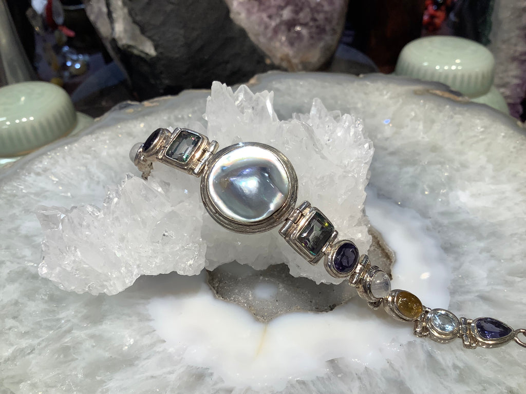 Multi gemstone mabe  pearl sterling silver bracelet