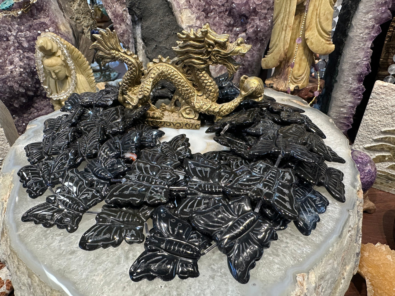 Black zebra agate carved butterflies