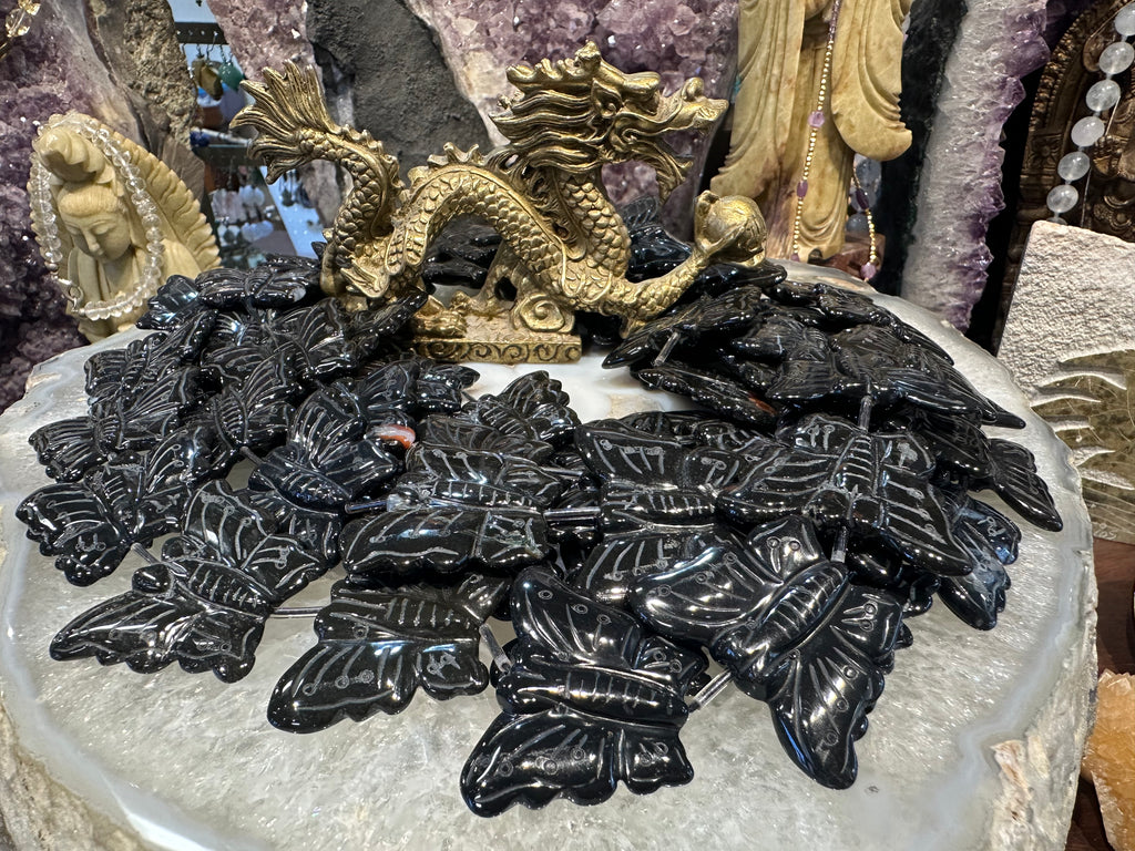 Black zebra agate carved butterflies
