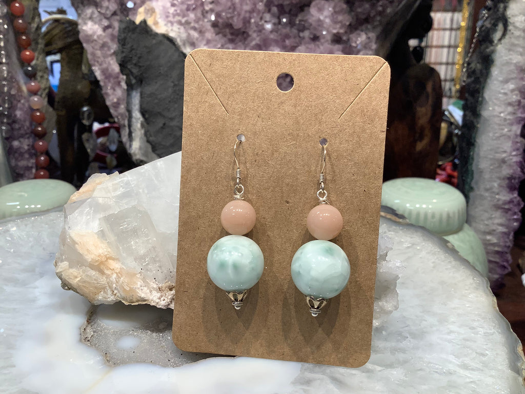 Green angelite & peach moonstone gemstone earrings