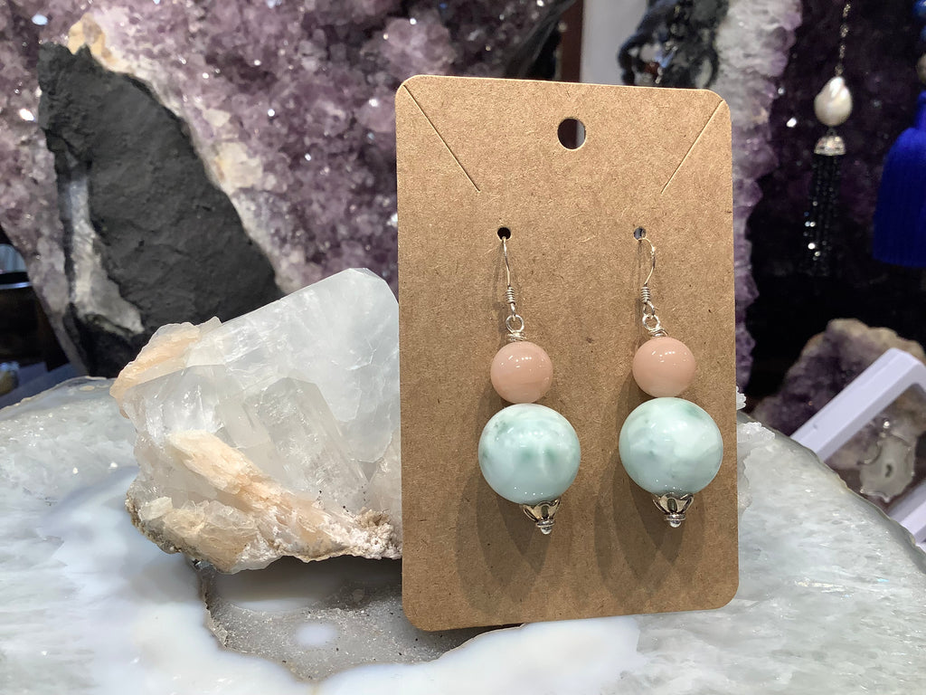 Green angelite & peach moonstone gemstone earrings