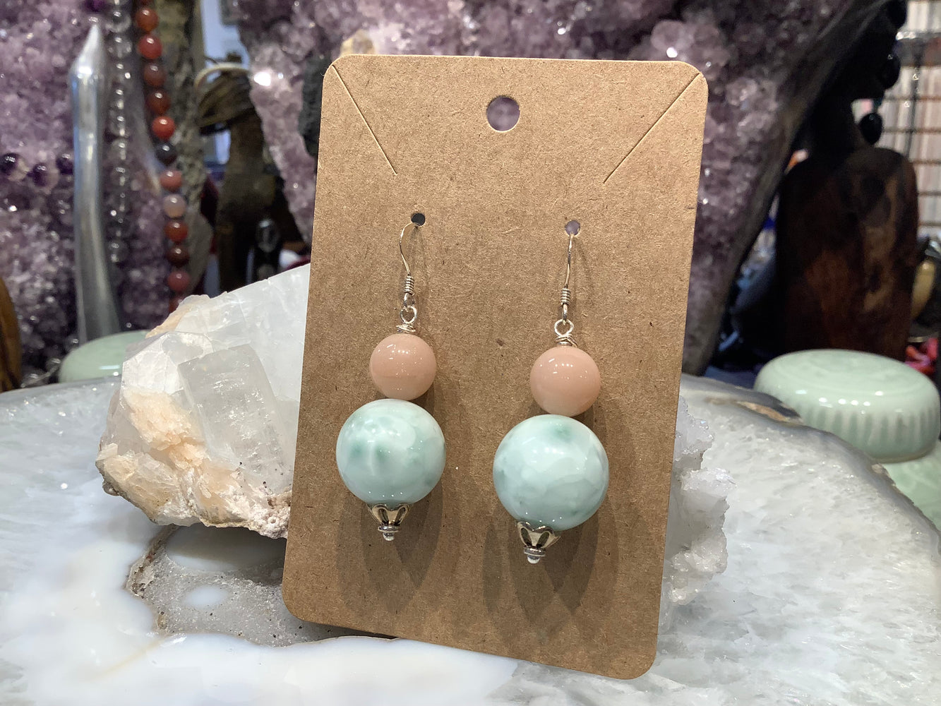 Green angelite & peach moonstone gemstone earrings