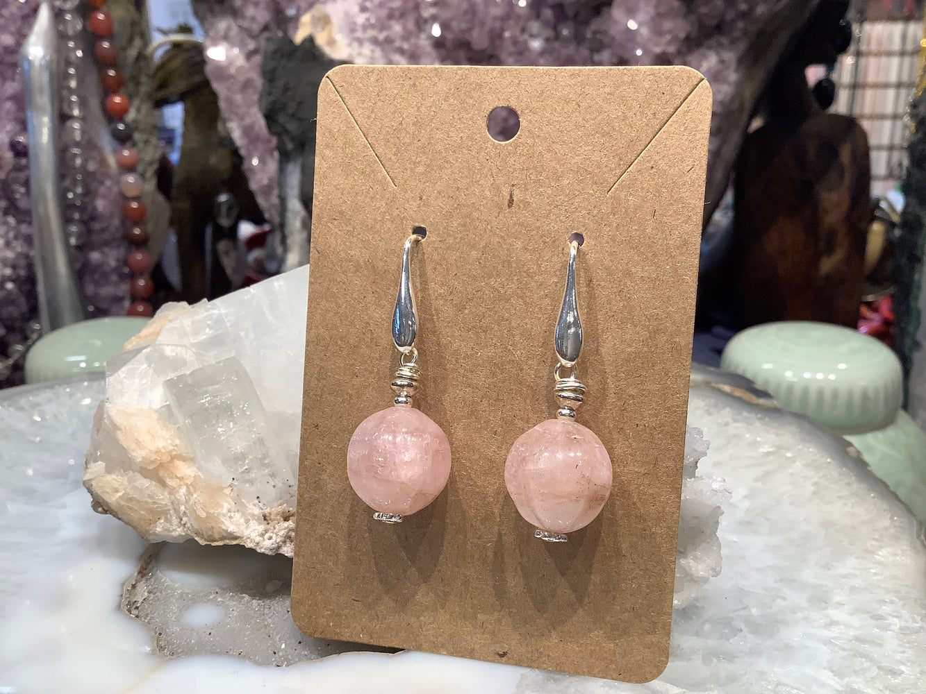 Beautiful Morganite carved melonball 16mm gemstone earrings