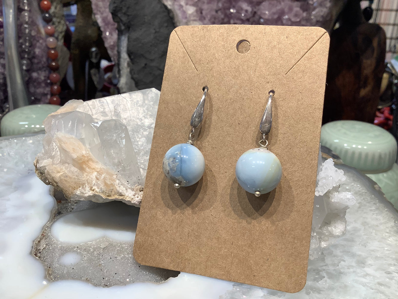 Rare Owyhee blue opal 15mm gemstone earrings
