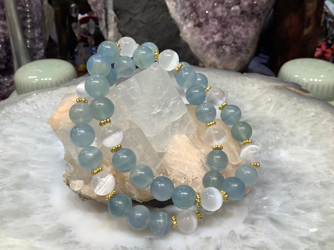 Selenite & blue calcite 8mm gemstone bracelet