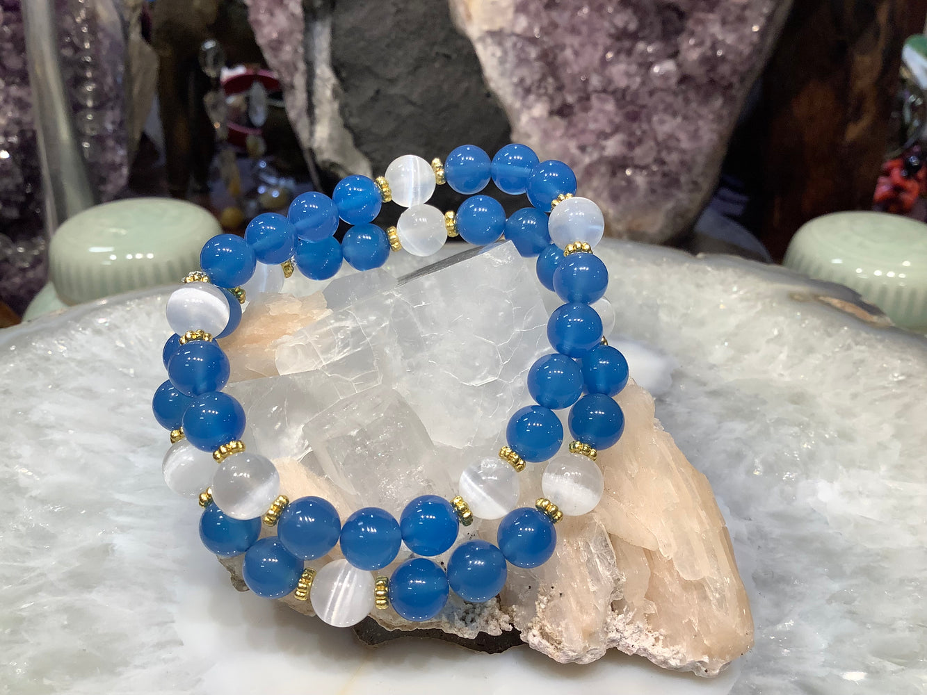 Selenite & blue Quartz 8mm gemstone bracelet