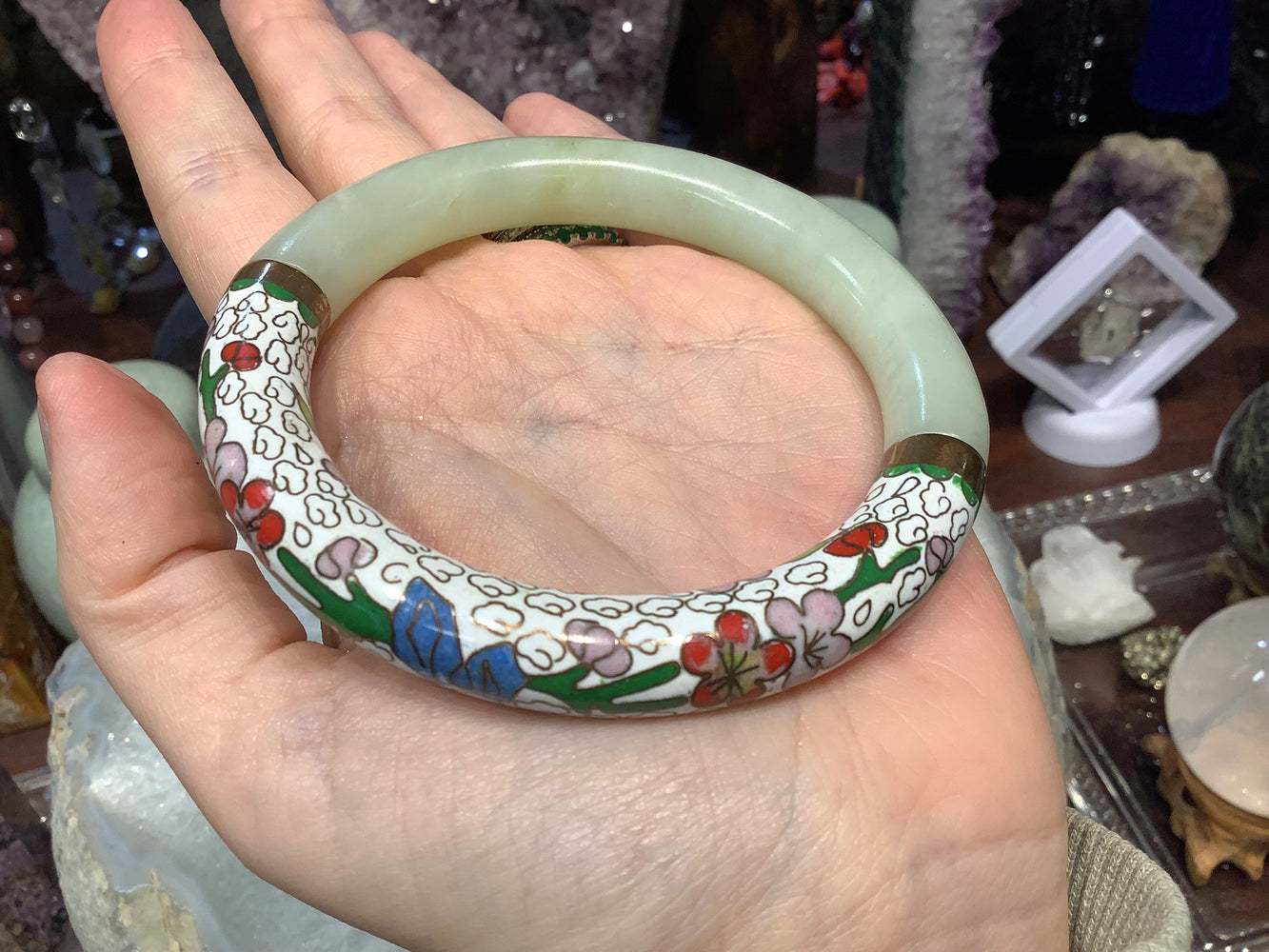 Vintage Chinese jade & cloisonné bangle bracelet