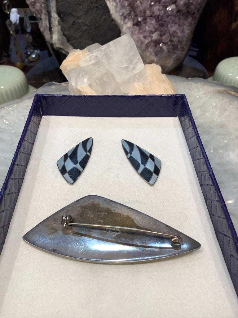 Vintage Elgil Jensen Denmark silver enamel  brooch & earrings set