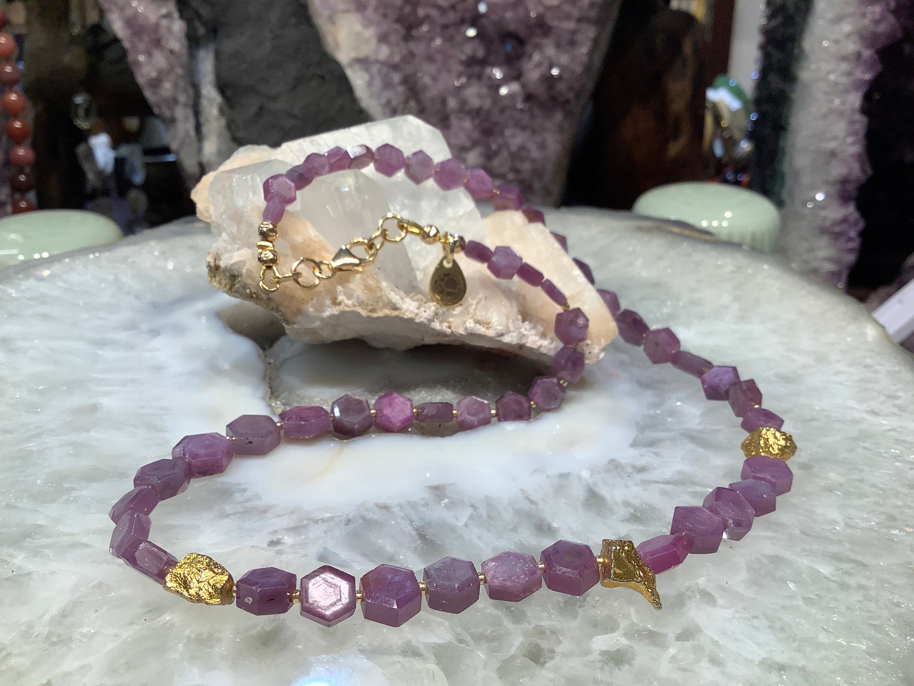 Beautiful Star hexagon ruby & pyrite gemstone necklace