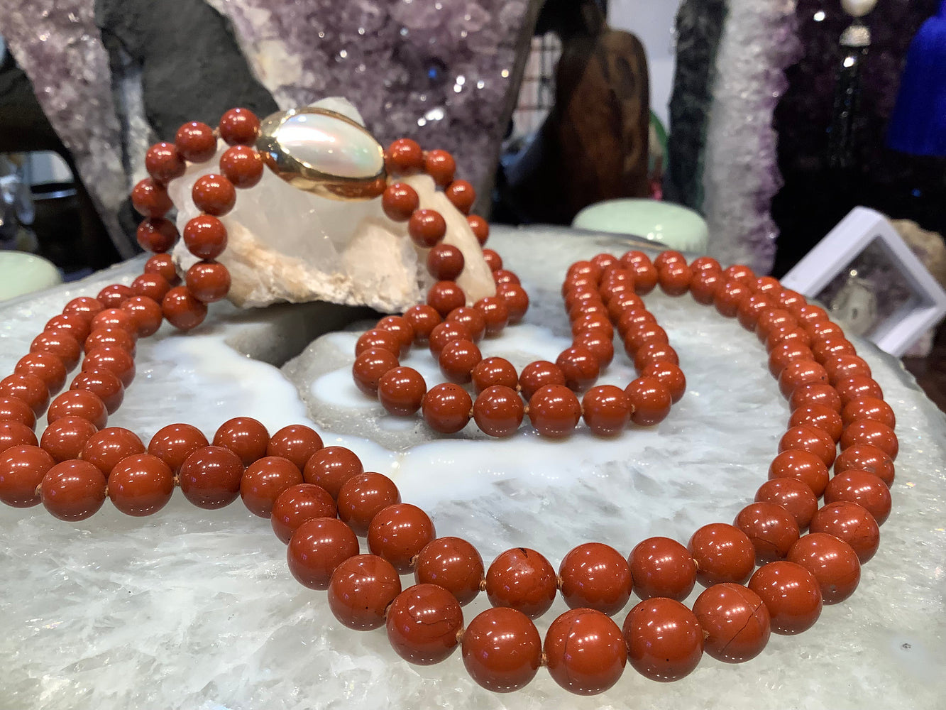 Gorgeous vintage red jasper 2 strand necklace with 10k gold mabe pearl connector