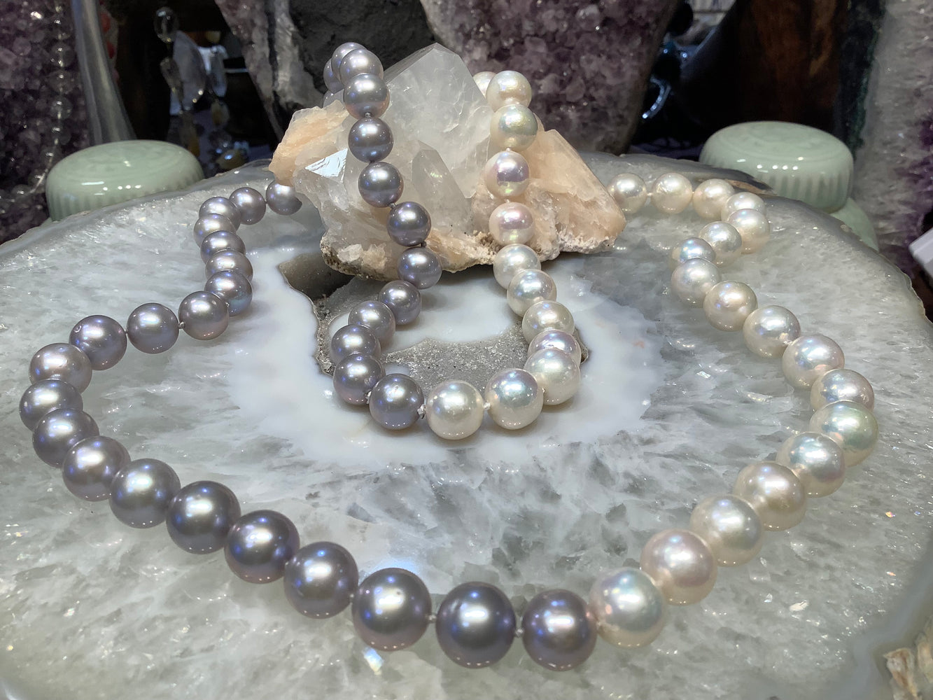 Gorgeous long white & grey knotted freshwater pearl necklace