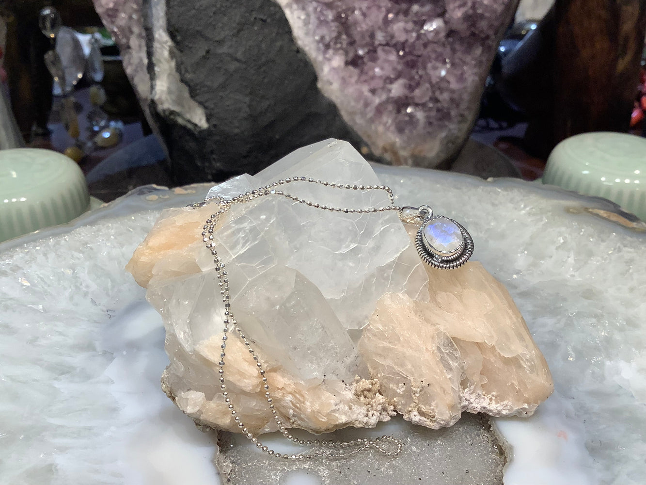 Blue flash moonstone & sterling silver pendant necklace