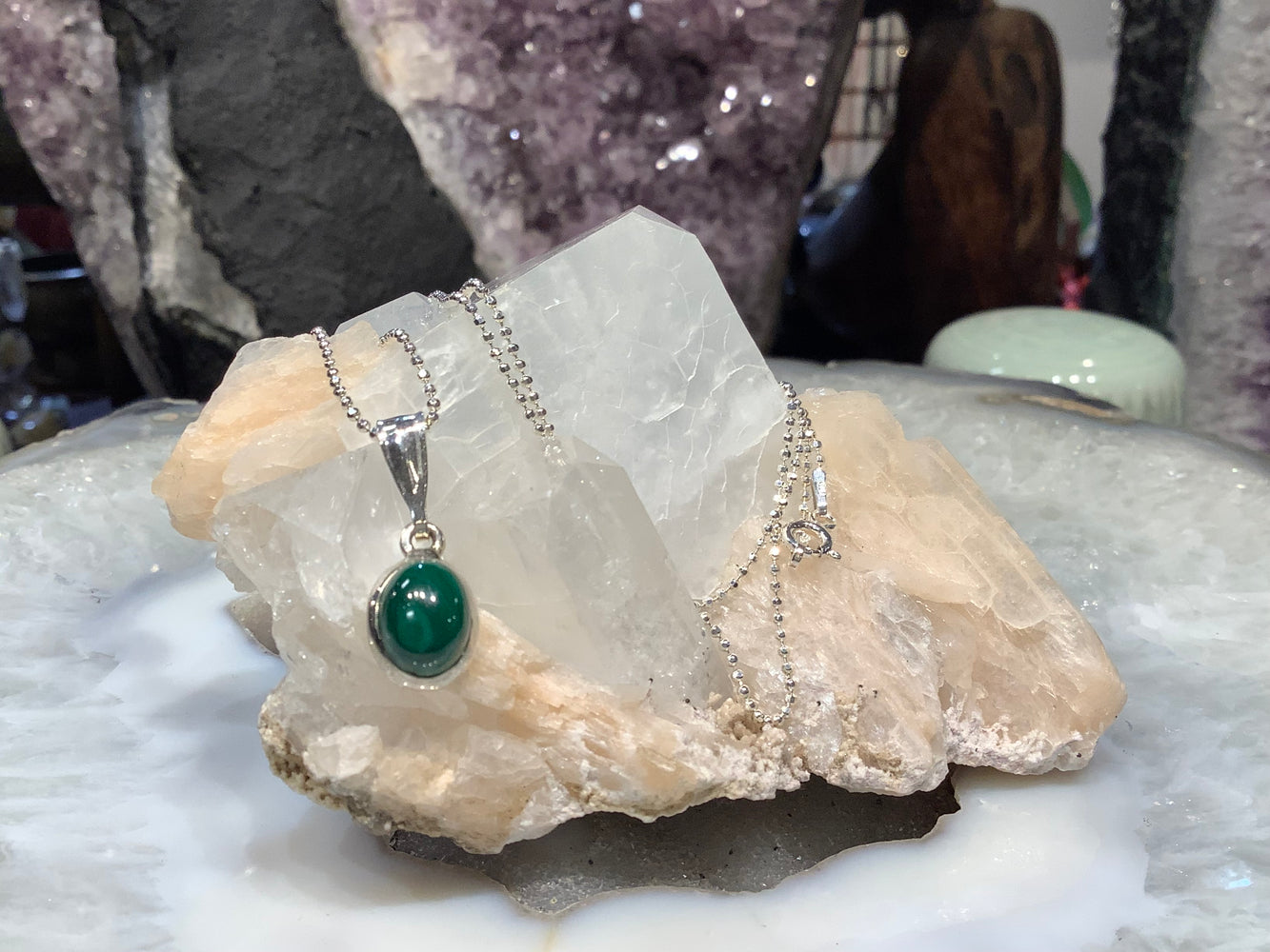 Malachite & sterling silver pendant gemstone necklace