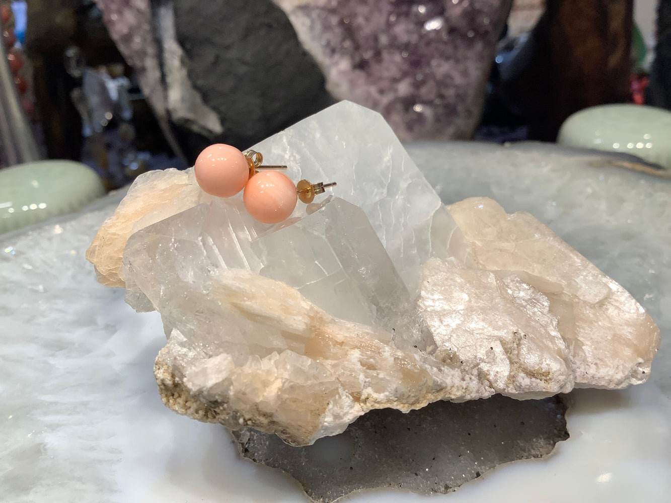 Angelskin coral 7.5mm gemstone stud earrings 10k gold