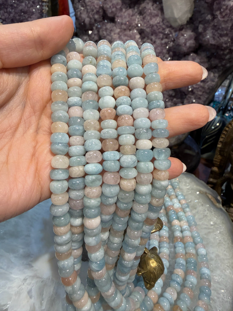 8mm Aquamarine & Pink Morganite Beryl Gemstone Rondelle Beads