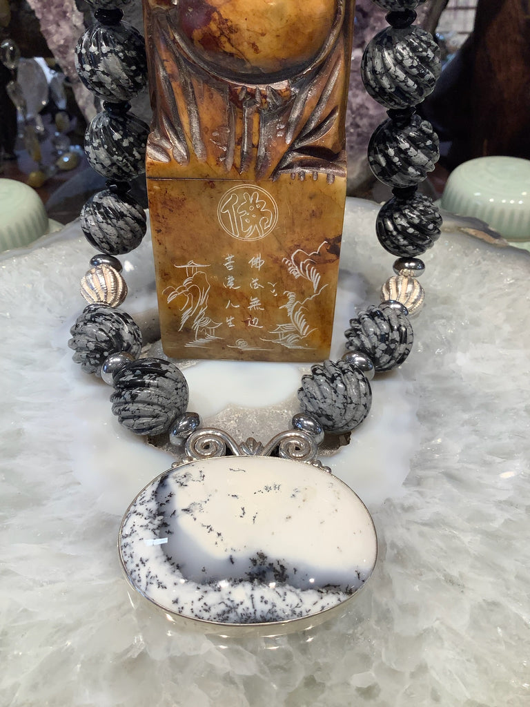 Stunning Dendrite agate sterling pendant & Snowflake Obsidian, Sterling Necklace