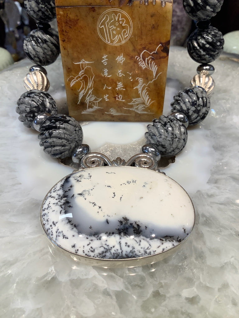 Stunning Dendrite agate sterling pendant & Snowflake Obsidian, Sterling Necklace
