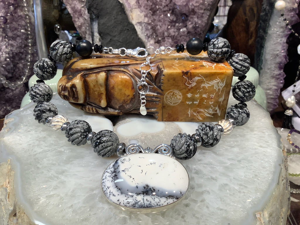 Stunning Dendrite agate sterling pendant & Snowflake Obsidian, Sterling Necklace