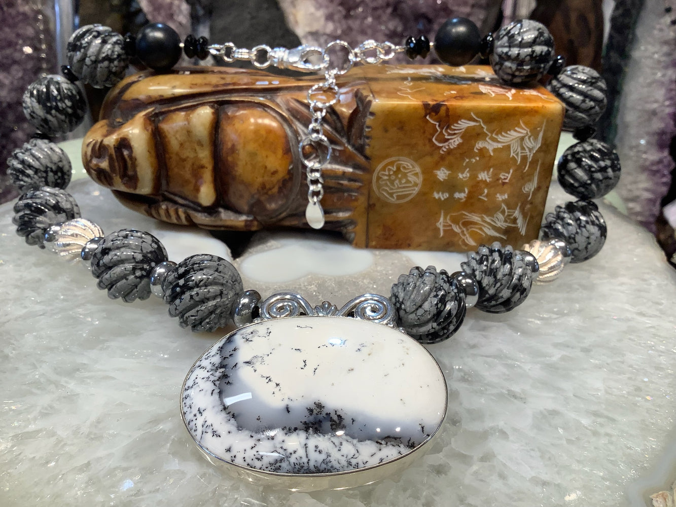 Stunning Dendrite agate sterling pendant & Snowflake Obsidian, Sterling Necklace