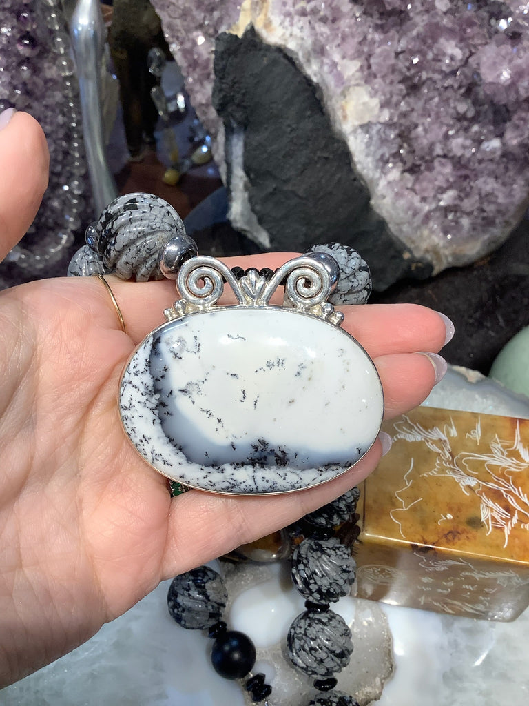 Stunning Dendrite agate sterling pendant & Snowflake Obsidian, Sterling Necklace