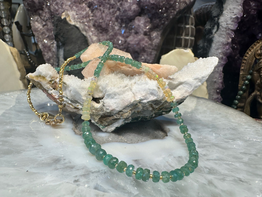Natural Faceted Green Emerald & Welo Opals Gemstone Necklace