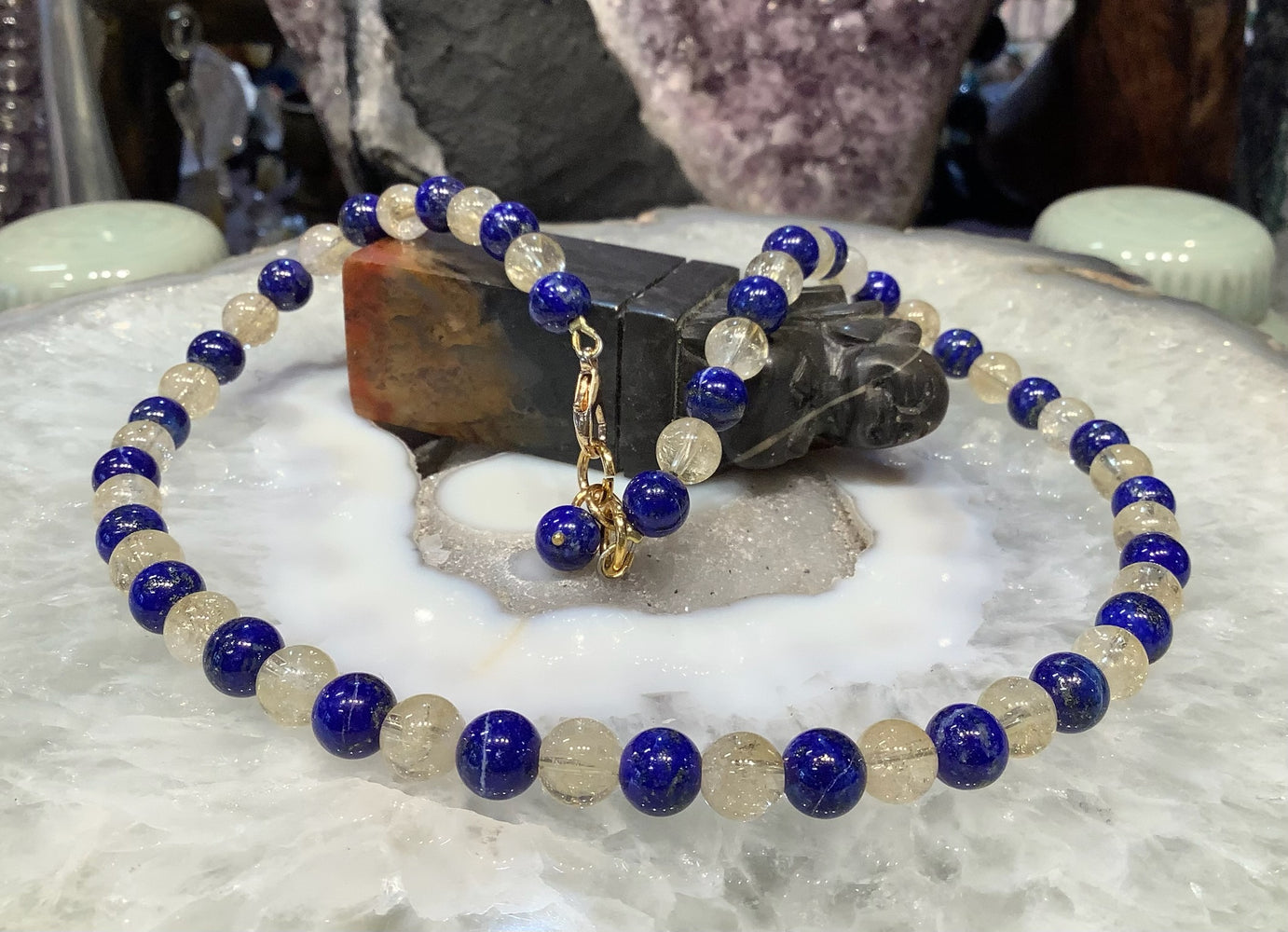 Blue Lapis Lazuli & Yellow Citrine Round Gemstone Bead Necklace