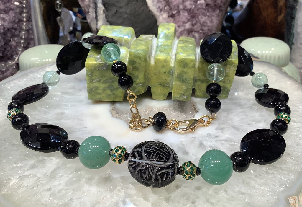 Beautiful Large Black Agate, Green Fluorite, Aventurine Gemstone Necklace