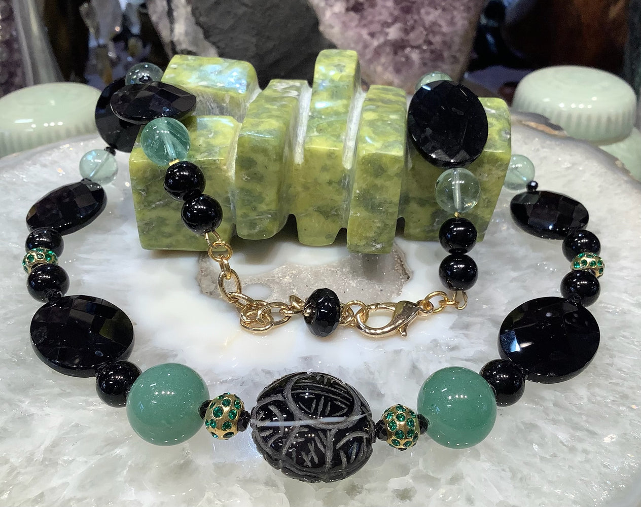 Beautiful Large Black Agate, Green Fluorite, Aventurine Gemstone Necklace